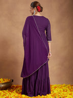 Janasya Women's Purple Rayon Gold Printed A-line Kurta With Sharara & Dupatta Set