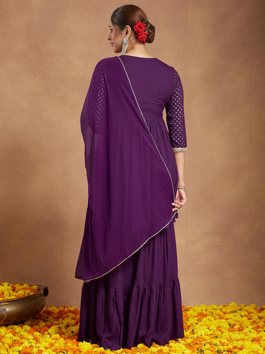 Janasya Women's Purple Rayon Gold Printed A-line Kurta With Sharara & Dupatta Set