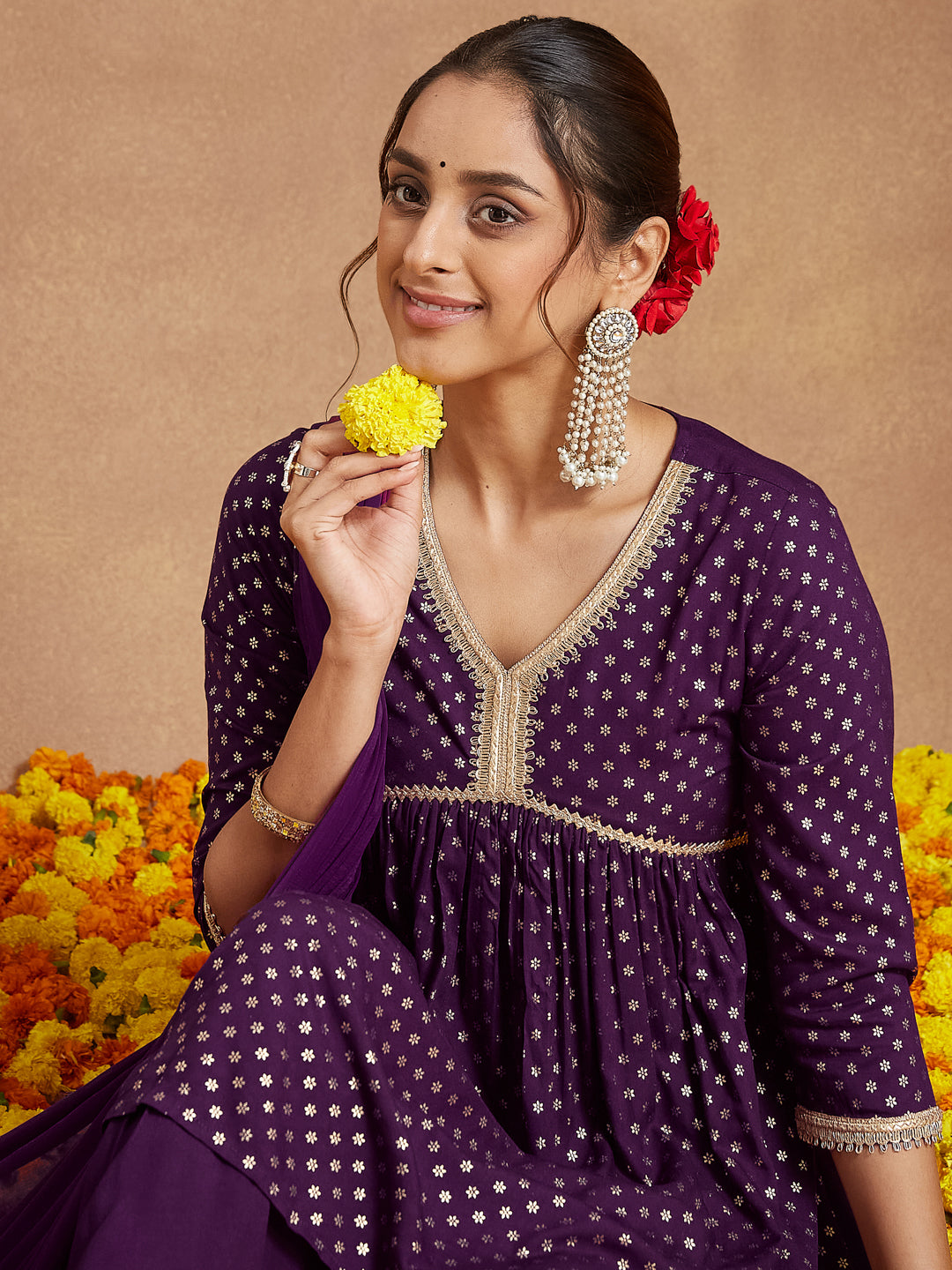 Janasya Women's Purple Rayon Gold Printed A-line Kurta With Sharara & Dupatta Set