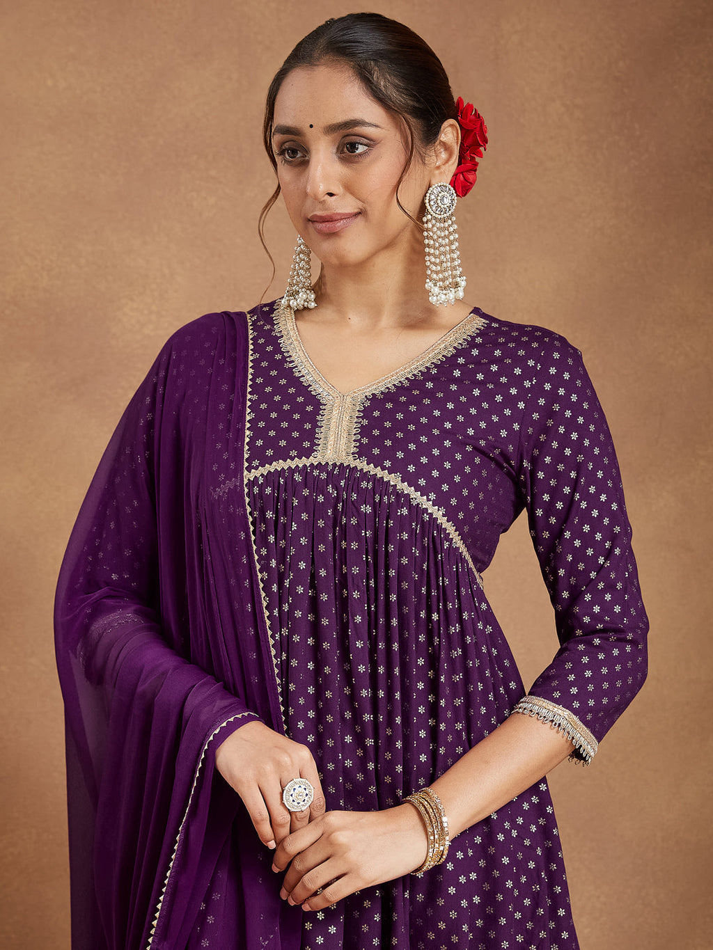 Janasya Women's Purple Rayon Gold Printed A-line Kurta With Sharara & Dupatta Set