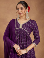 Janasya Women's Purple Rayon Gold Printed A-line Kurta With Sharara & Dupatta Set