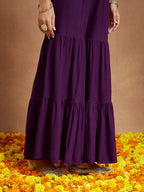 Janasya Women's Purple Rayon Gold Printed A-line Kurta With Sharara & Dupatta Set