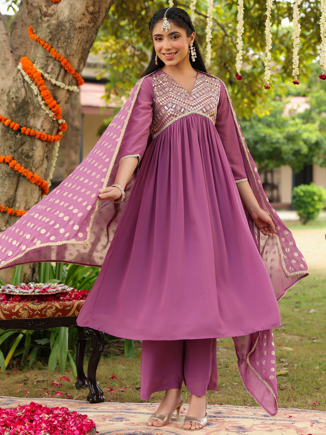 Janasya Women's Lavender Georgette Embellished A-line Kurta With Palazzo & Dupatta Set - qivii