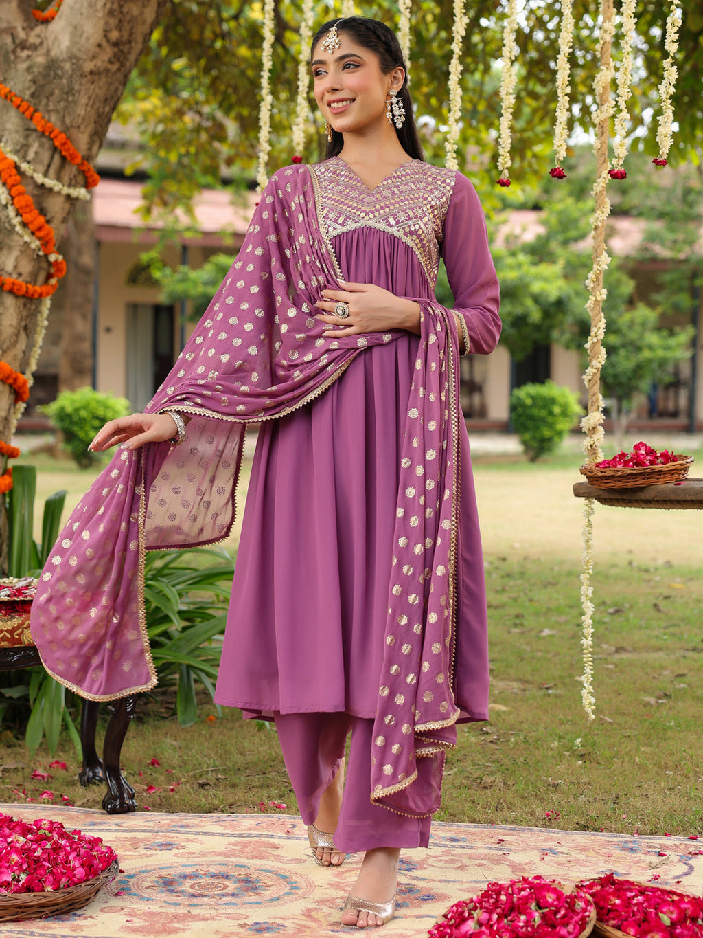 Janasya Women's Lavender Georgette Embellished A-line Kurta With Palazzo & Dupatta Set