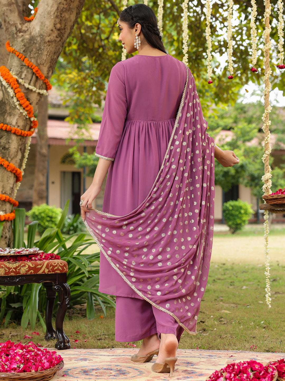 Janasya Women's Lavender Georgette Embellished A-line Kurta With Palazzo & Dupatta Set - qivii