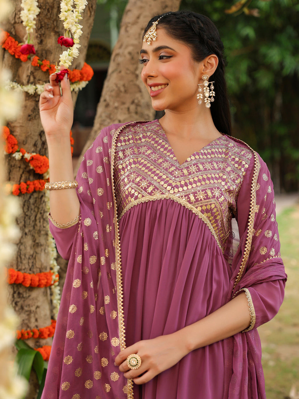 Janasya Women's Lavender Georgette Embellished A-line Kurta With Palazzo & Dupatta Set