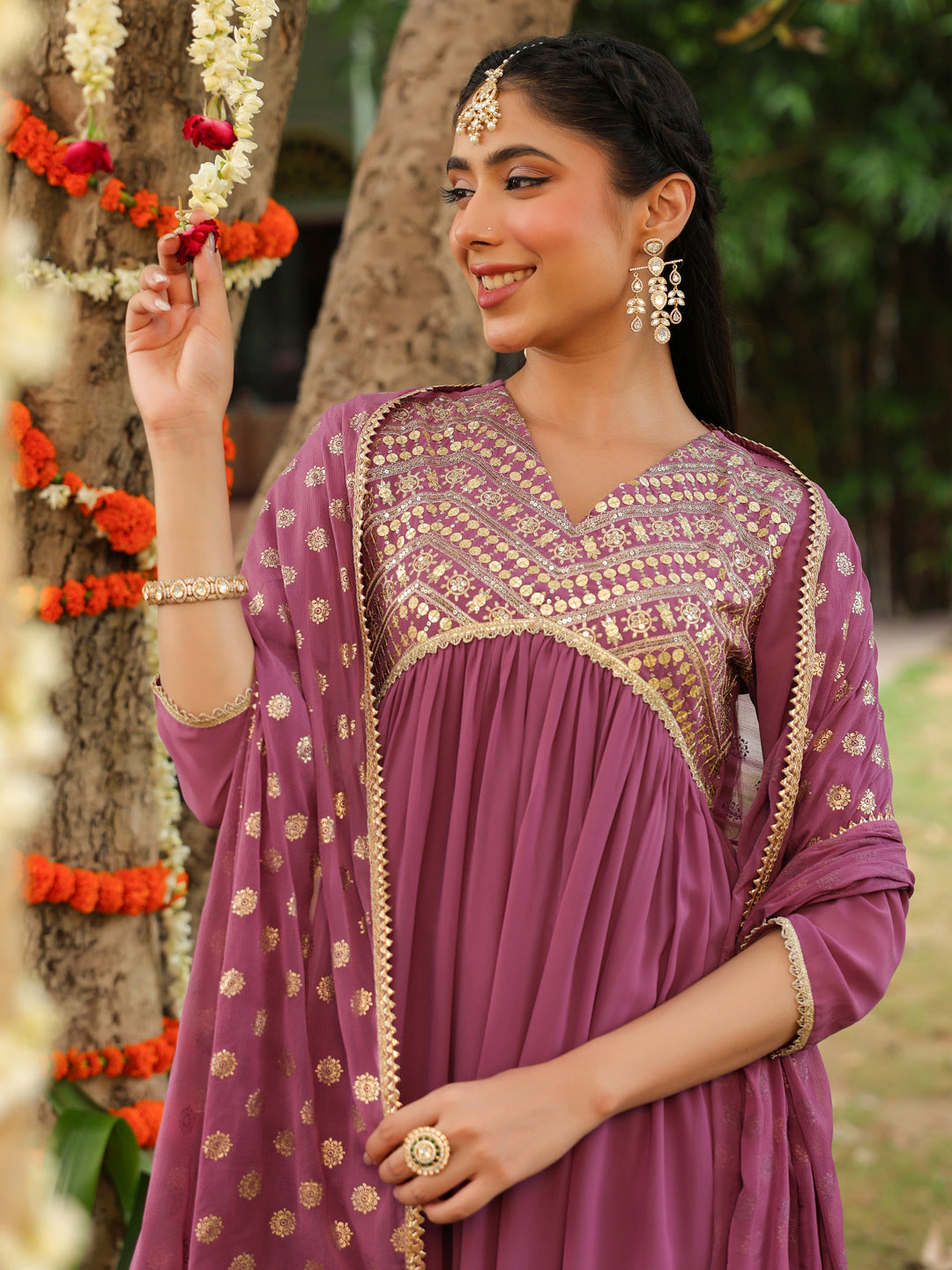 Janasya Women's Lavender Georgette Embellished A-line Kurta With Palazzo & Dupatta Set - qivii