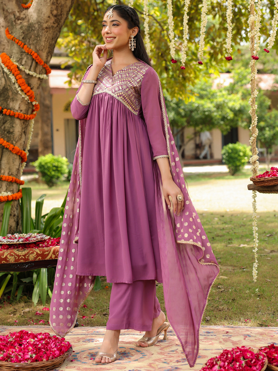 Janasya Women's Lavender Georgette Embellished A-line Kurta With Palazzo & Dupatta Set - qivii