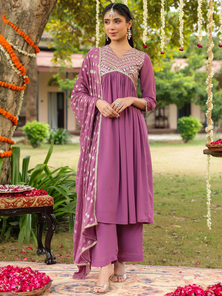 Janasya Women's Lavender Georgette Embellished A-line Kurta With Palazzo & Dupatta Set - qivii