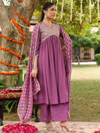 Janasya Women's Lavender Georgette Embellished A-line Kurta With Palazzo & Dupatta Set