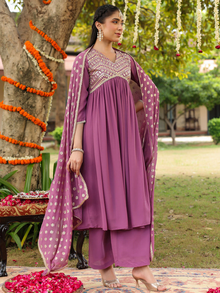 Janasya Women's Lavender Georgette Embellished A-line Kurta With Palazzo & Dupatta Set - qivii