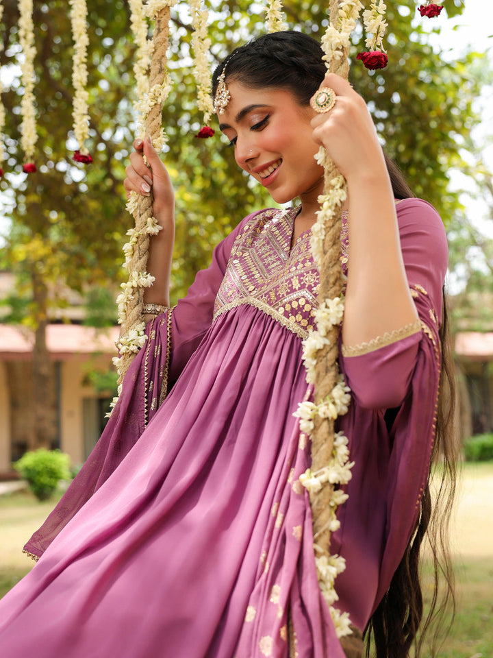 Janasya Women's Lavender Georgette Embellished A-line Kurta With Palazzo & Dupatta Set - qivii