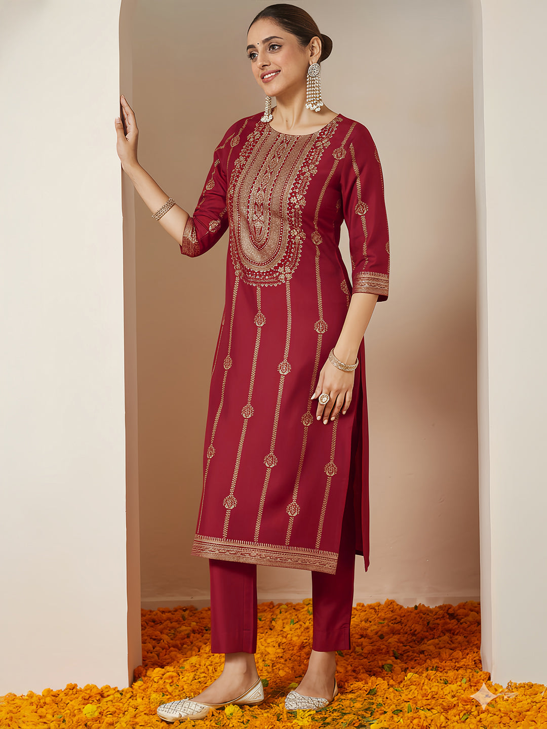 Janasya Women's Maroon Silk Blend Gold Printed Straight Kurta Set