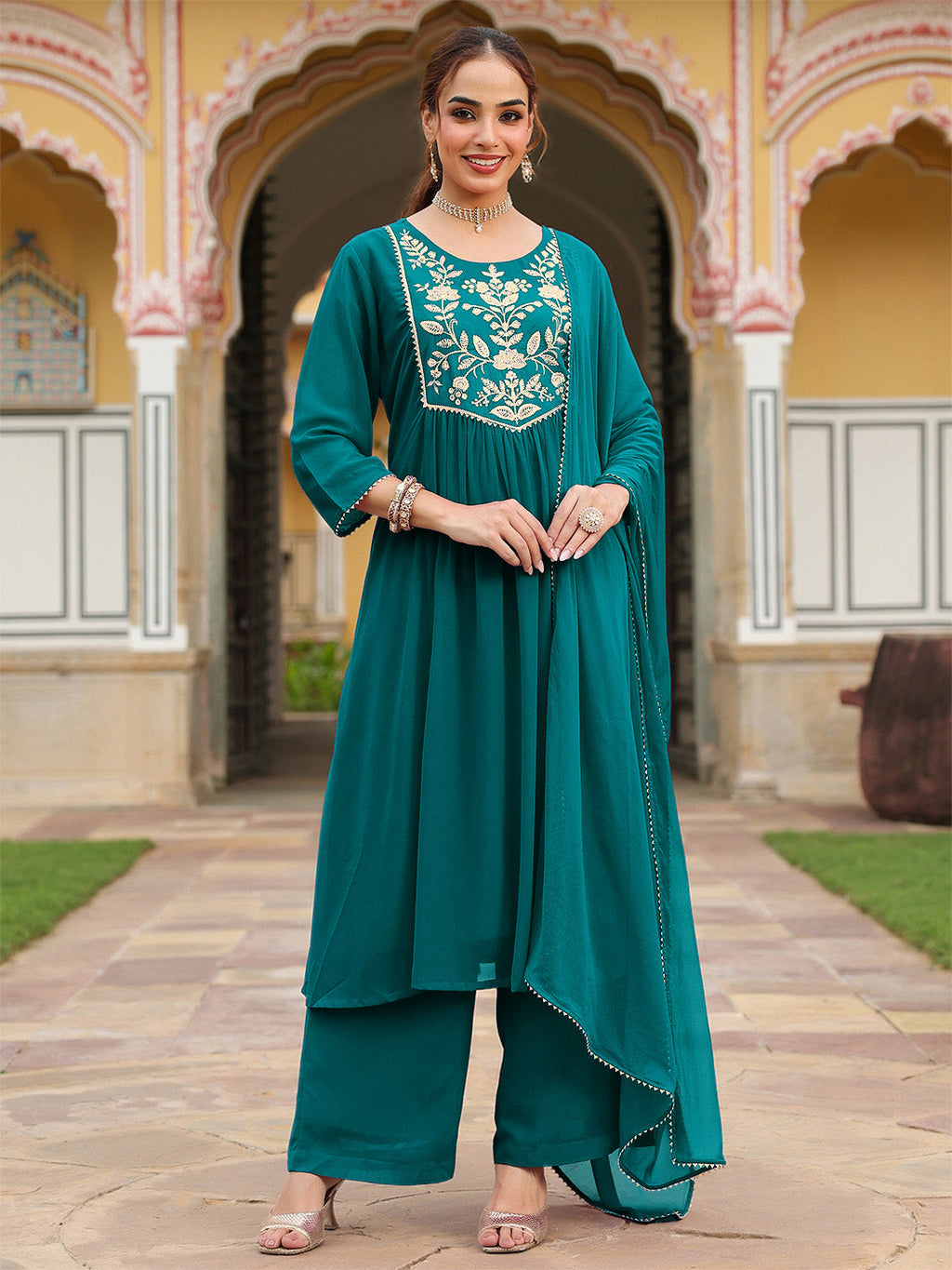 Janasya Women's Teal Green Georgette Embroidered A-line Kurta With Palazzo Dupatta Set