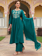 Janasya Women's Teal Green Georgette Embroidered A-line Kurta With Palazzo Dupatta Set