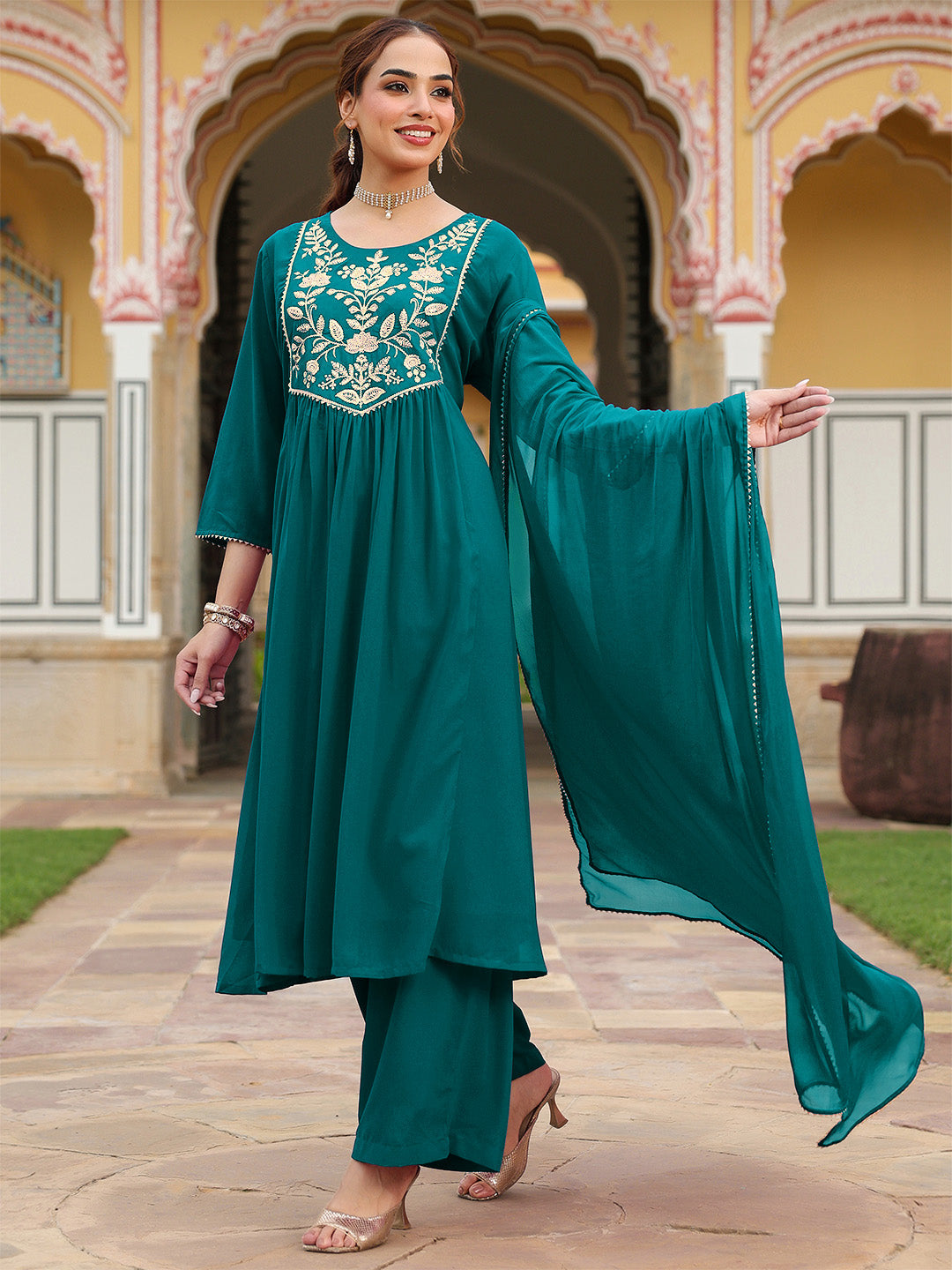 Janasya Women's Teal Green Georgette Embroidered A-line Kurta With Palazzo Dupatta Set