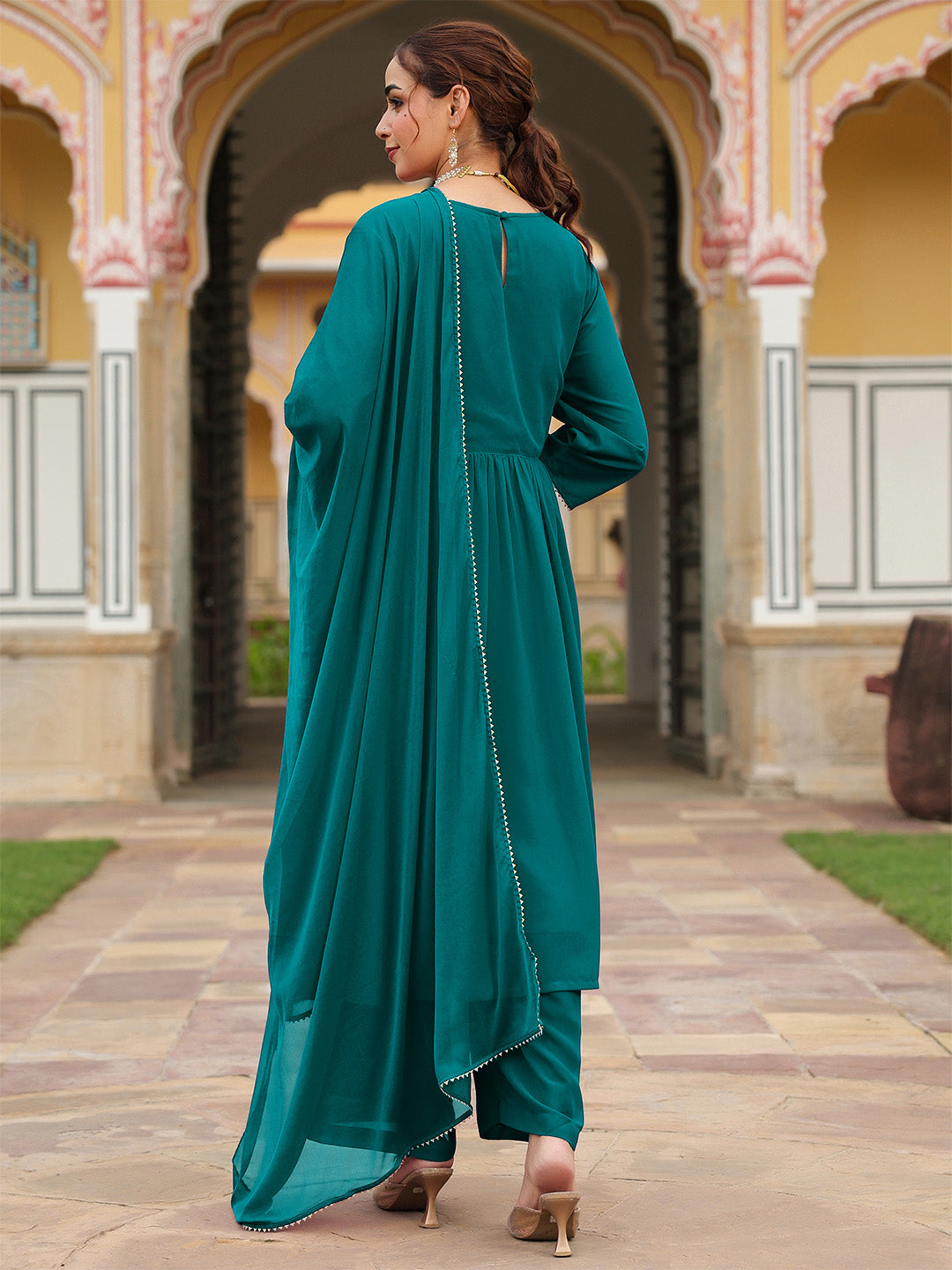 Janasya Women's Teal Green Georgette Embroidered A-line Kurta With Palazzo Dupatta Set