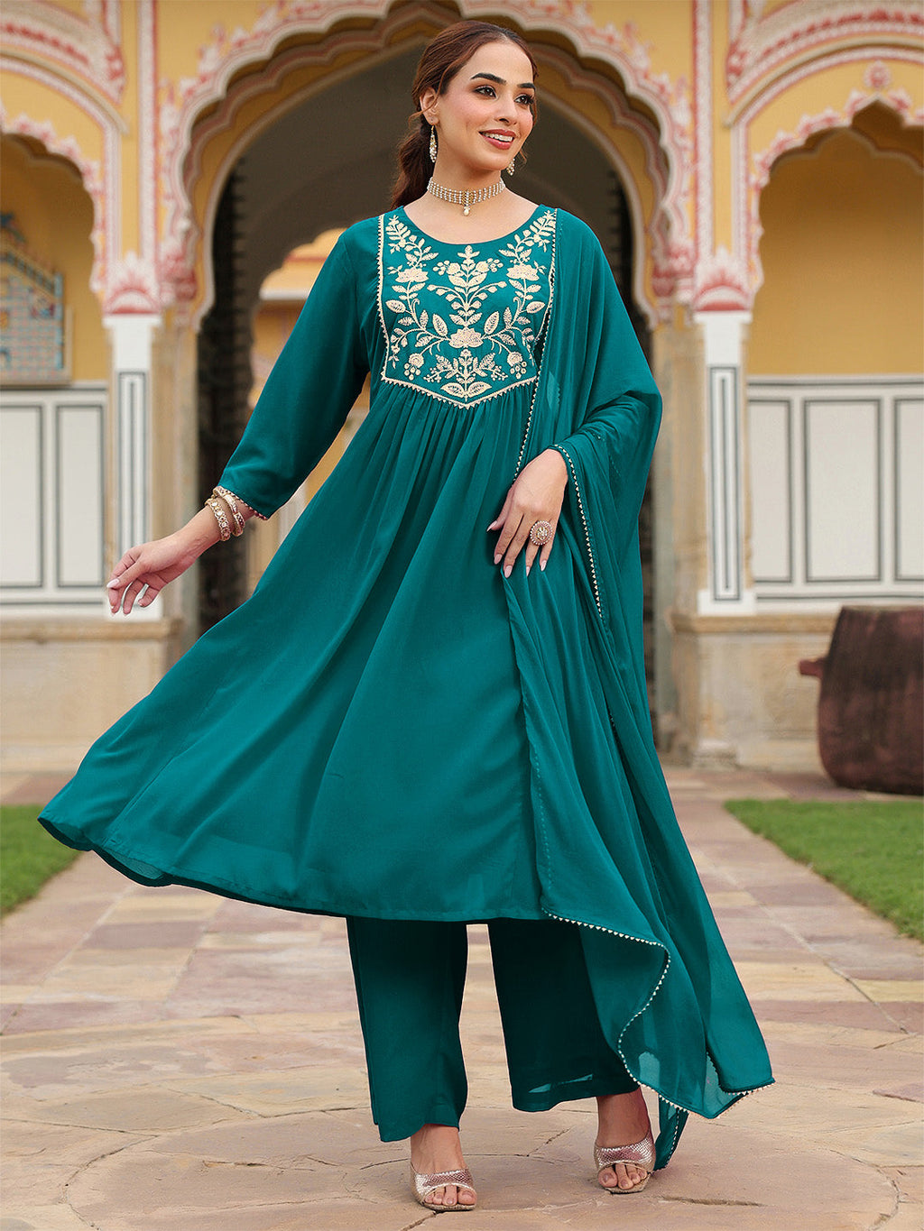 Janasya Women's Teal Green Georgette Embroidered A-line Kurta With Palazzo Dupatta Set