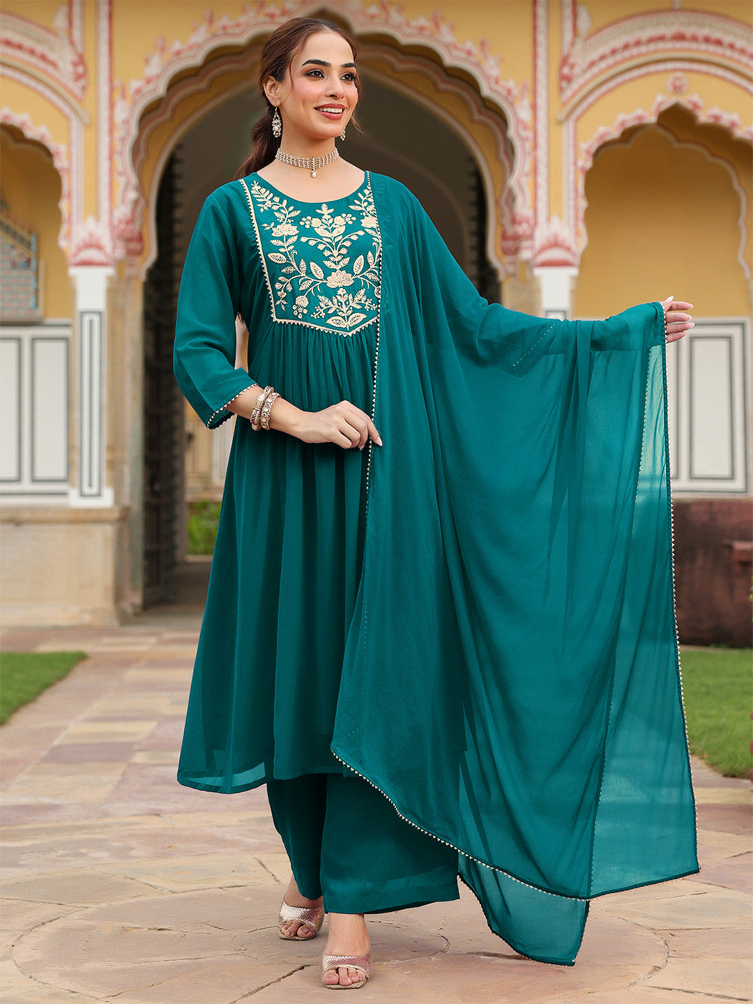 Janasya Women's Teal Green Georgette Embroidered A-line Kurta With Palazzo Dupatta Set