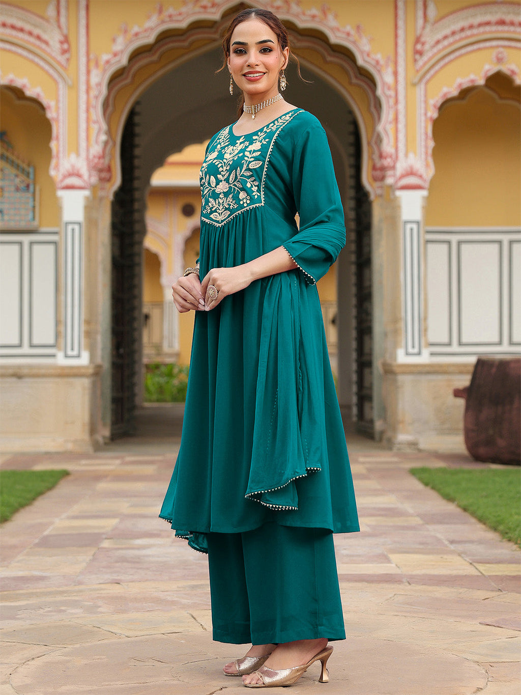 Janasya Women's Teal Green Georgette Embroidered A-line Kurta With Palazzo Dupatta Set