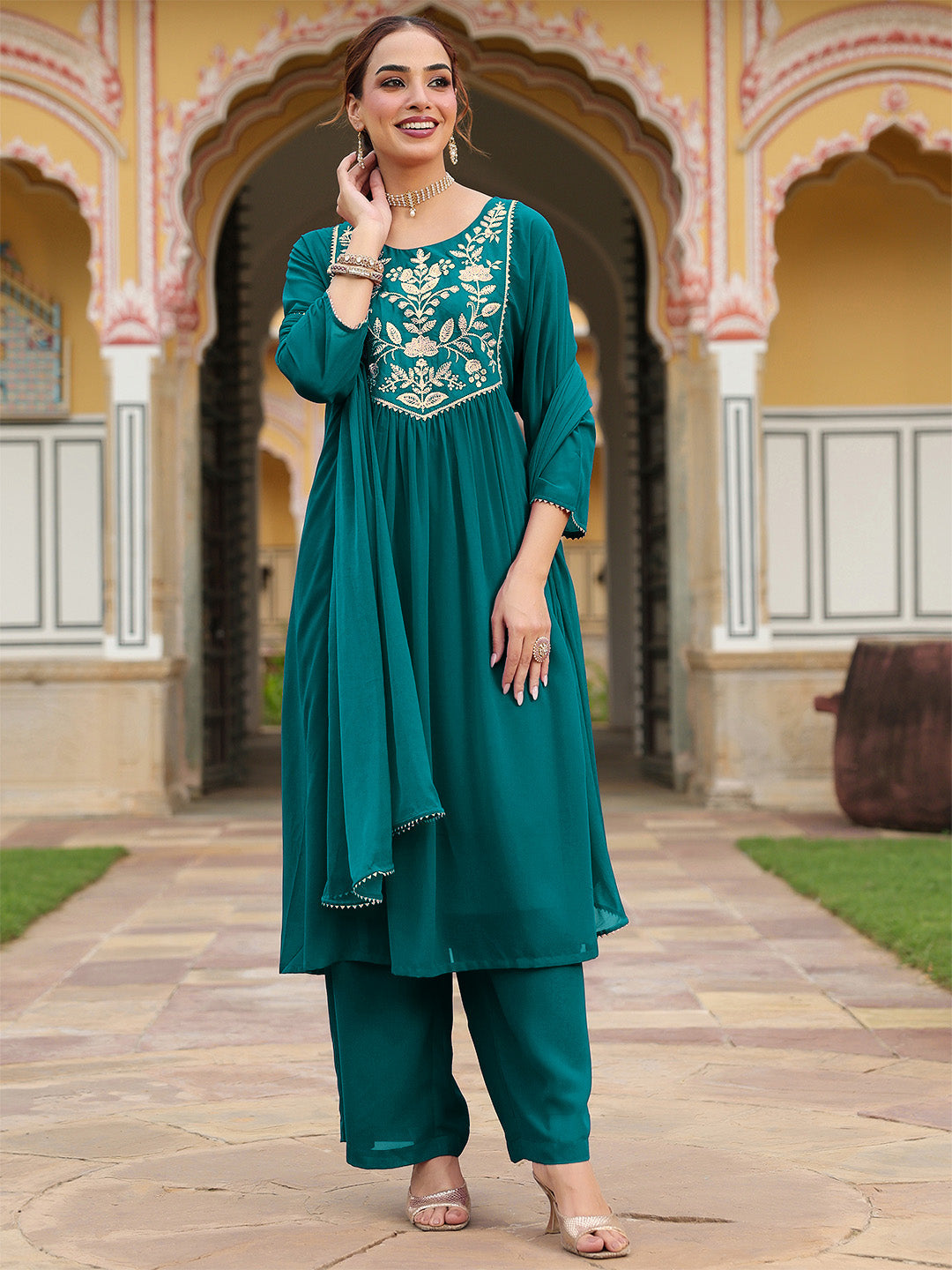 Janasya Women's Teal Green Georgette Embroidered A-line Kurta With Palazzo Dupatta Set