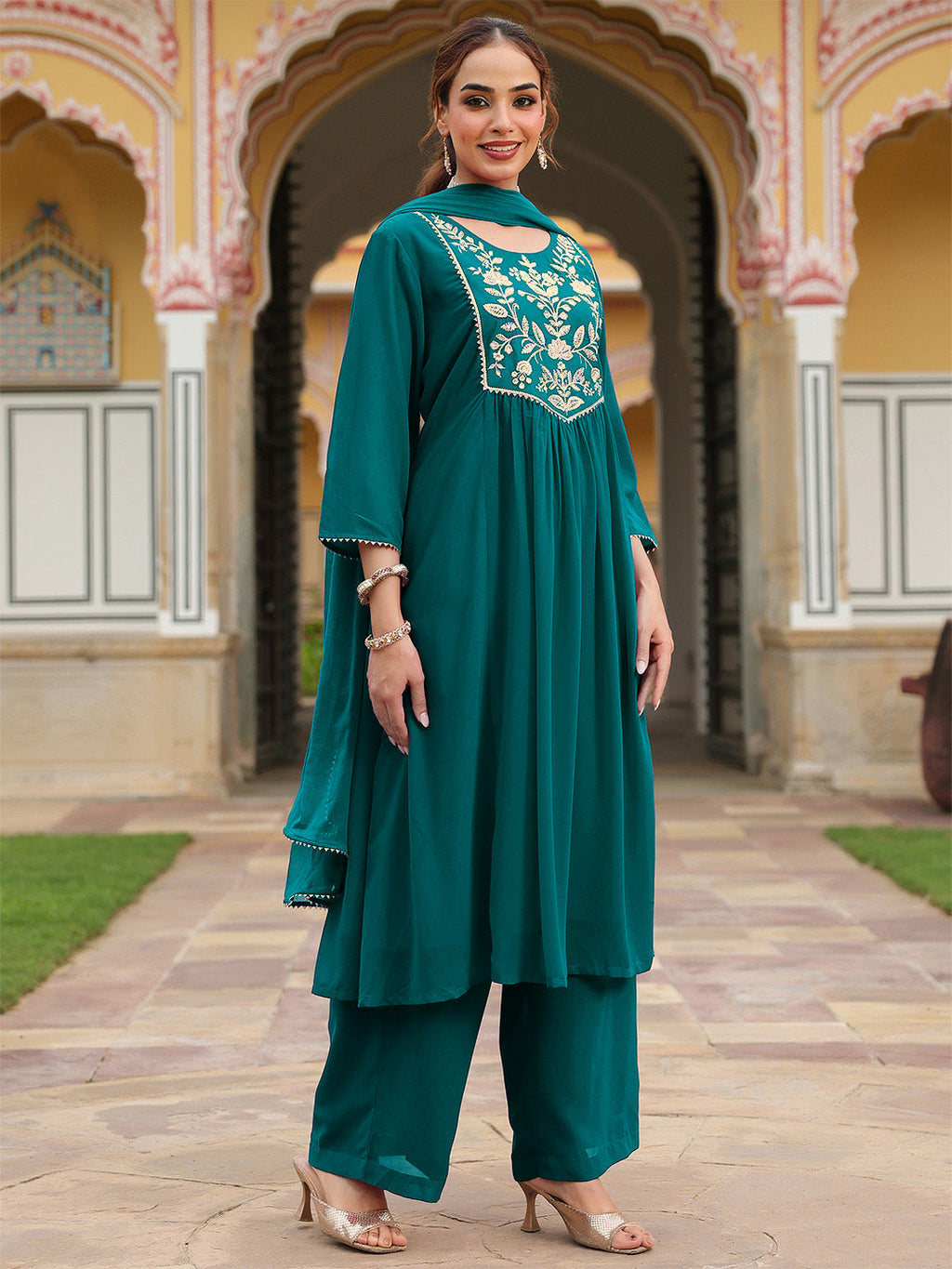 Janasya Women's Teal Green Georgette Embroidered A-line Kurta With Palazzo Dupatta Set