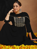 Janasya Women's Black Georgette Zari Yoke Embroidered A-line Kurta With Palazzo & Dupatta Set