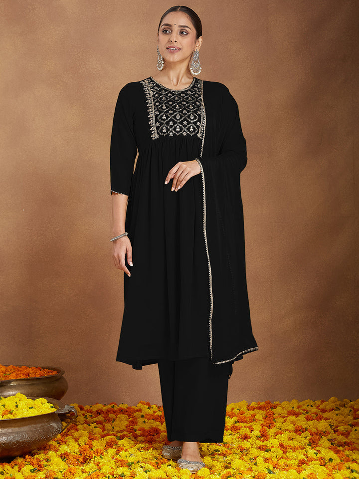 Janasya Women's Black Georgette Zari Yoke Embroidered A-line Kurta With Palazzo & Dupatta Set - qivii