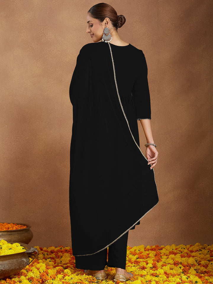 Janasya Women's Black Georgette Zari Yoke Embroidered A-line Kurta With Palazzo & Dupatta Set - qivii
