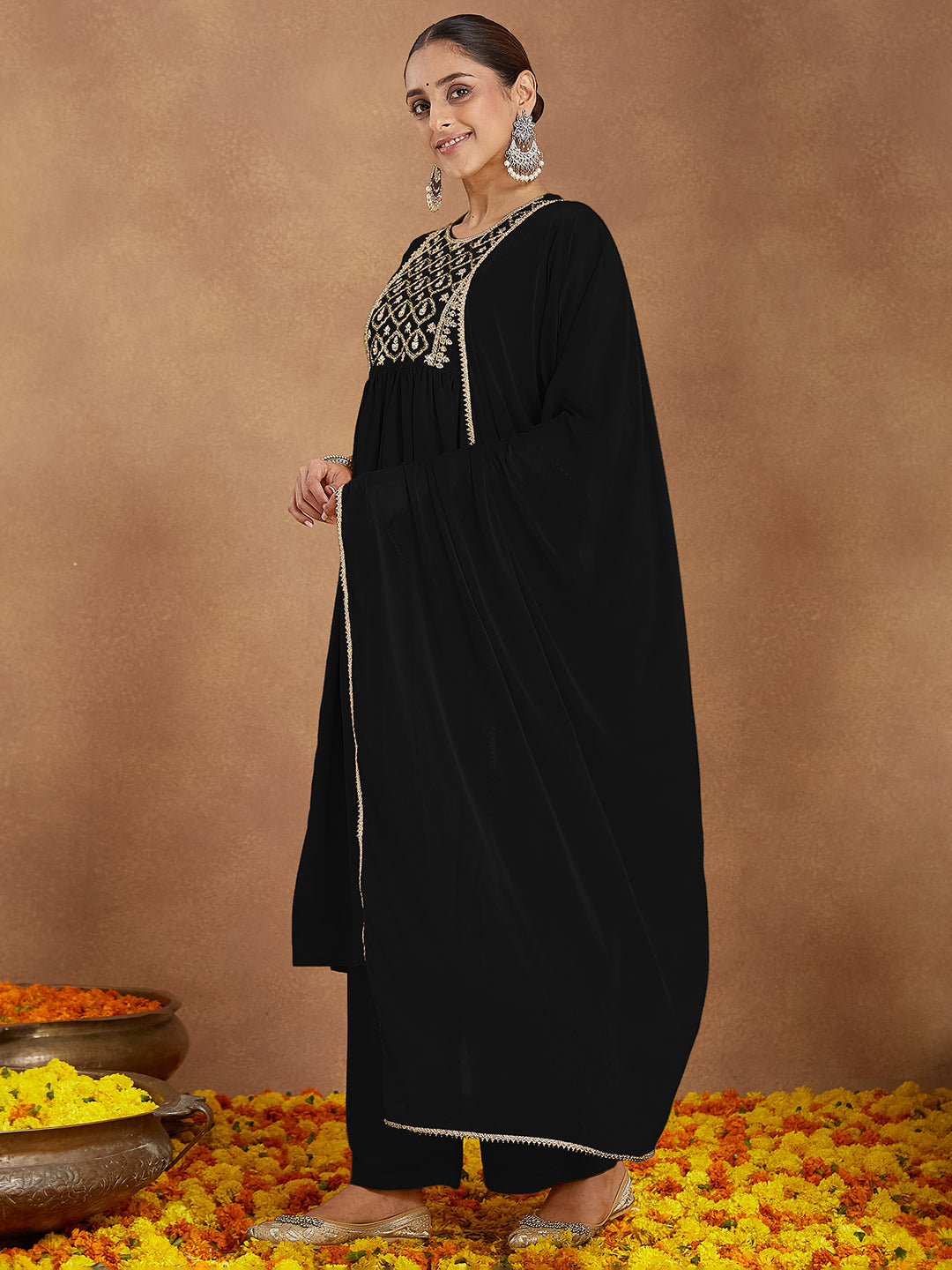 Janasya Women's Black Georgette Zari Yoke Embroidered A-line Kurta With Palazzo & Dupatta Set - qivii