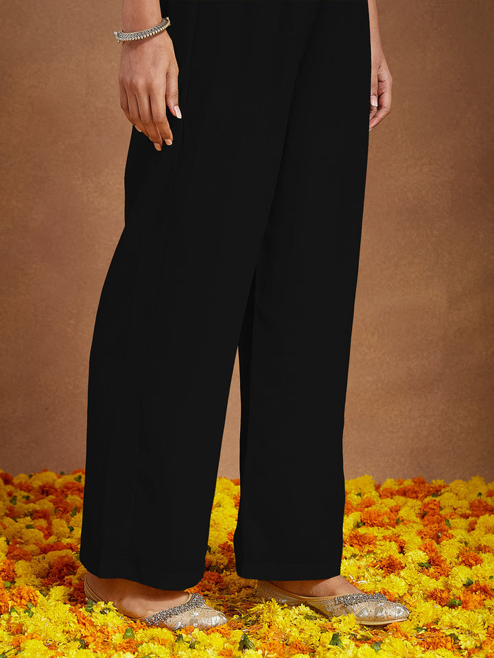 Janasya Women's Black Georgette Zari Yoke Embroidered A-line Kurta With Palazzo & Dupatta Set - qivii