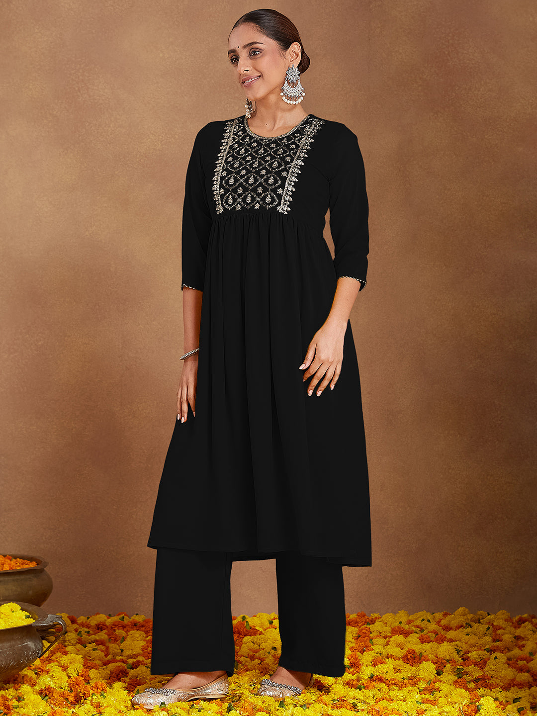 Janasya Women's Black Georgette Zari Yoke Embroidered A-line Kurta With Palazzo & Dupatta Set - qivii