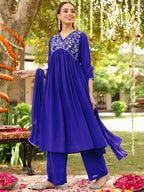 Janasya Women's Royal Blue Georgette Zari Yoke Embroidered A-line Kurta With Palazzo & Dupatta Set