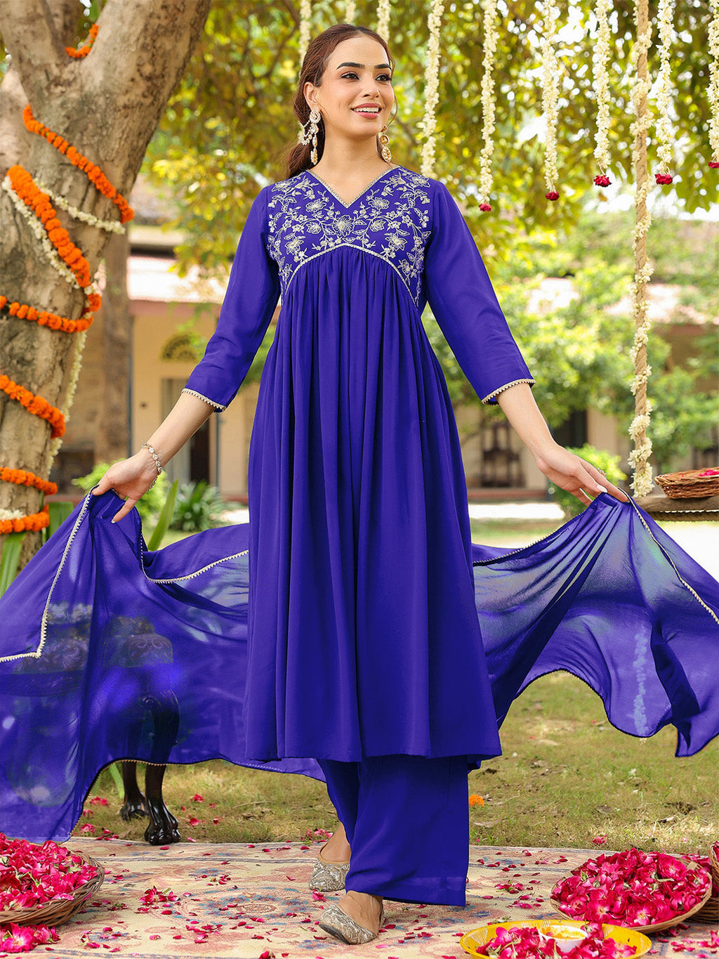 Janasya Women's Royal Blue Georgette Zari Yoke Embroidered A-line Kurta With Palazzo & Dupatta Set