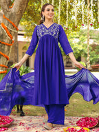 Janasya Women's Royal Blue Georgette Zari Yoke Embroidered A-line Kurta With Palazzo & Dupatta Set