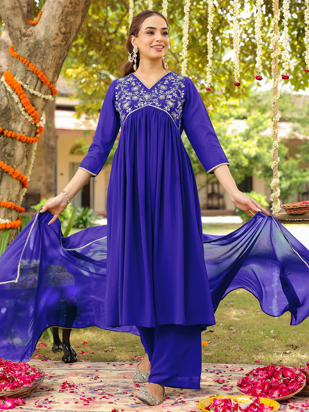 Janasya Women's Royal Blue Georgette Zari Yoke Embroidered A-line Kurta With Palazzo & Dupatta Set