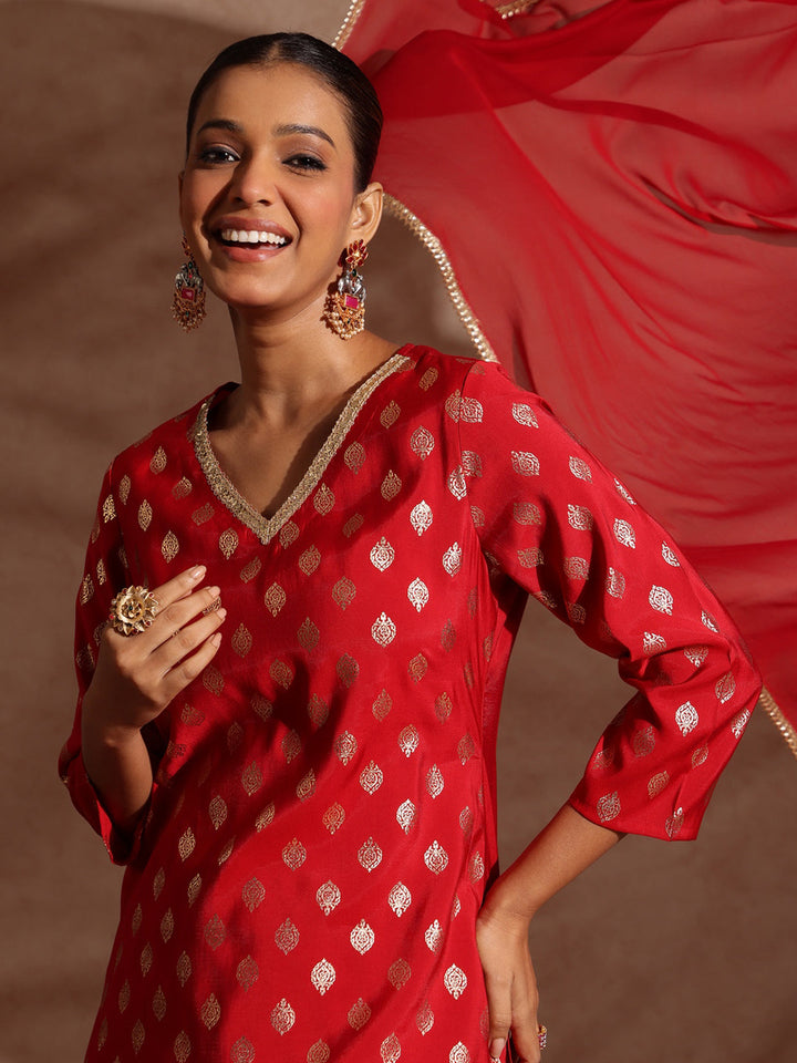 Janasya Women's Maroon Chanderi Silk Embellished Gold Printed Kurta With Sharara & Dupatta Set - qivii