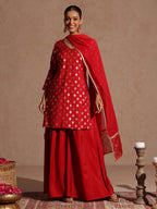 Janasya Women's Maroon Chanderi Silk Embellished Gold Printed Kurta With Sharara & Dupatta Set