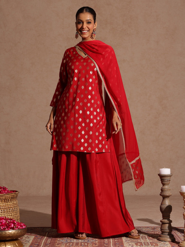 Janasya Women's Maroon Chanderi Silk Embellished Gold Printed Kurta With Sharara & Dupatta Set - qivii