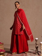 Janasya Women's Maroon Chanderi Silk Embellished Gold Printed Kurta With Sharara & Dupatta Set