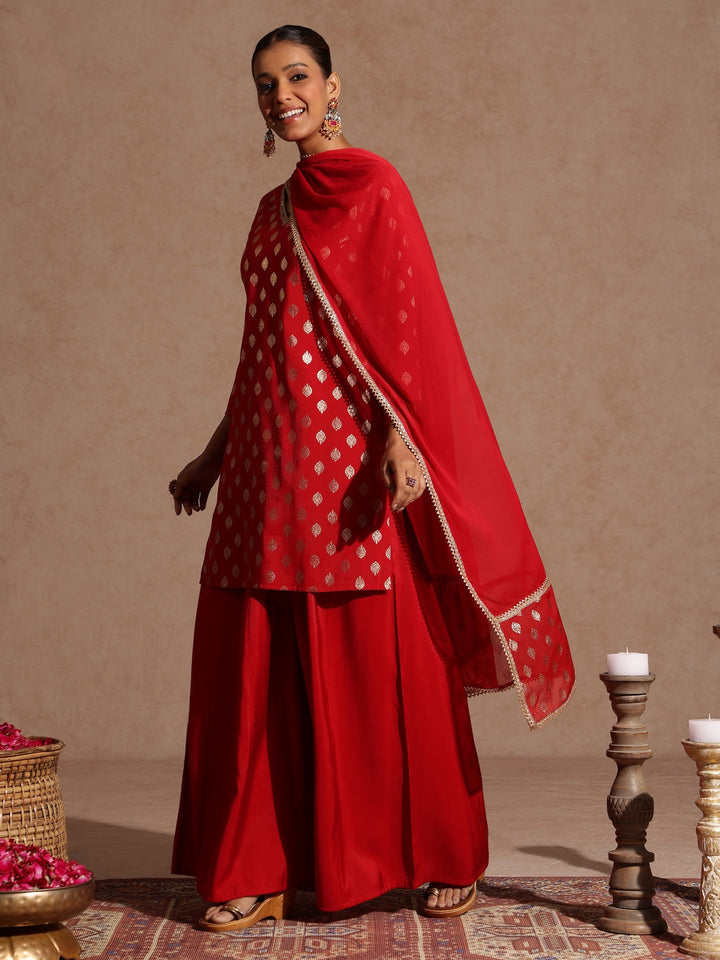 Janasya Women's Maroon Chanderi Silk Embellished Gold Printed Kurta With Sharara & Dupatta Set - qivii