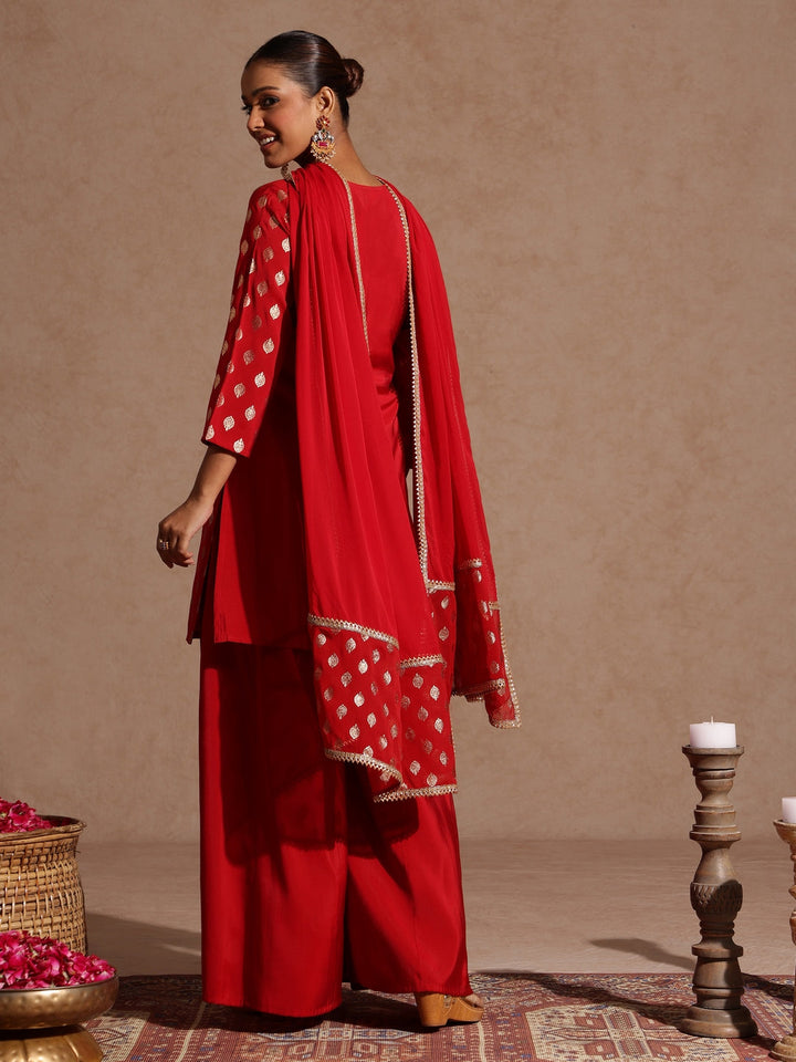 Janasya Women's Maroon Chanderi Silk Embellished Gold Printed Kurta With Sharara & Dupatta Set - qivii