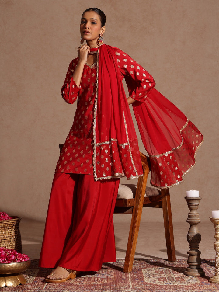 Janasya Women's Maroon Chanderi Silk Embellished Gold Printed Kurta With Sharara & Dupatta Set - qivii