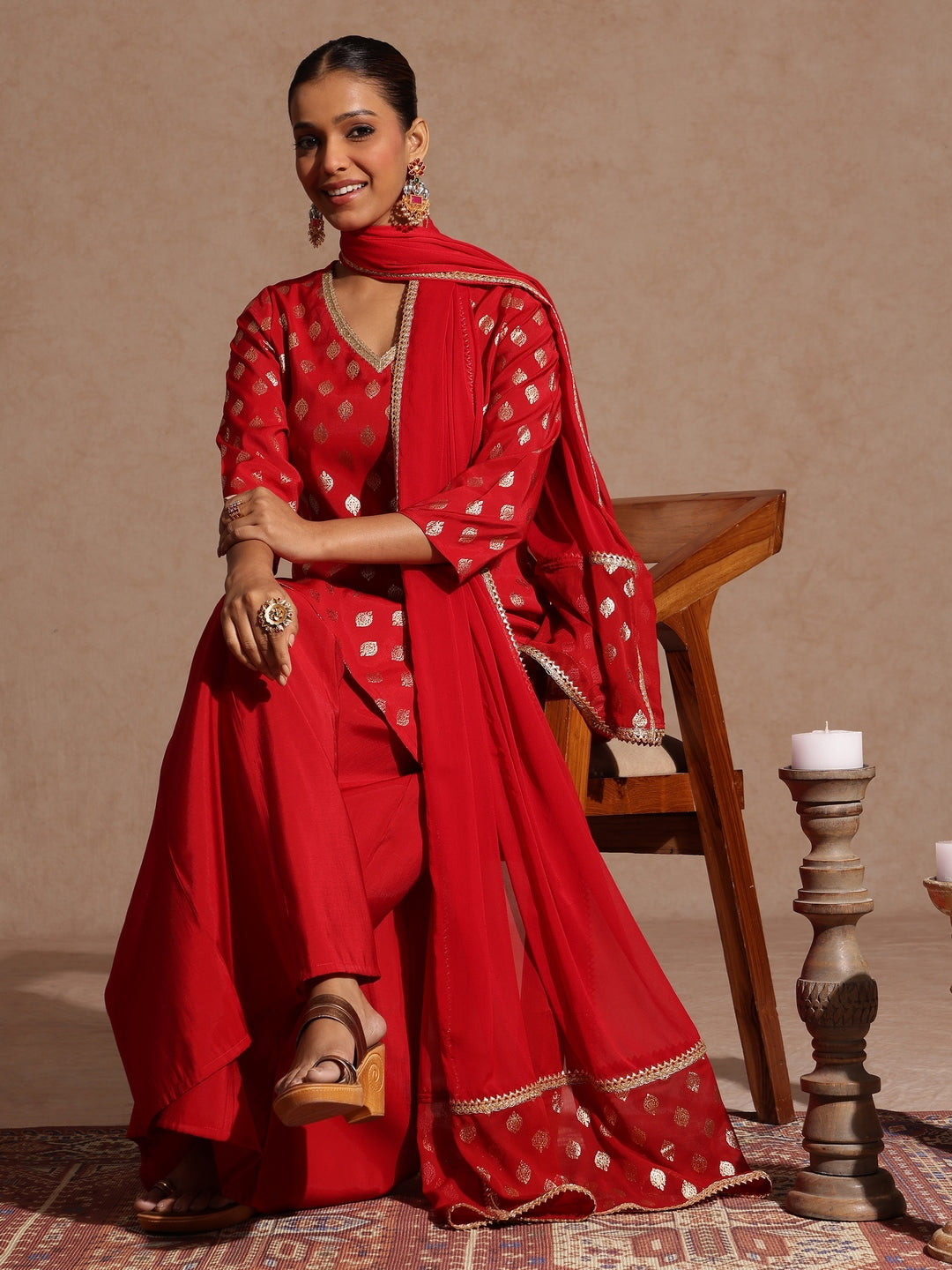 Janasya Women's Maroon Chanderi Silk Embellished Gold Printed Kurta With Sharara & Dupatta Set