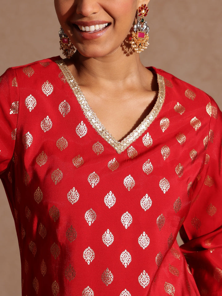 Janasya Women's Maroon Chanderi Silk Embellished Gold Printed Kurta With Sharara & Dupatta Set - qivii