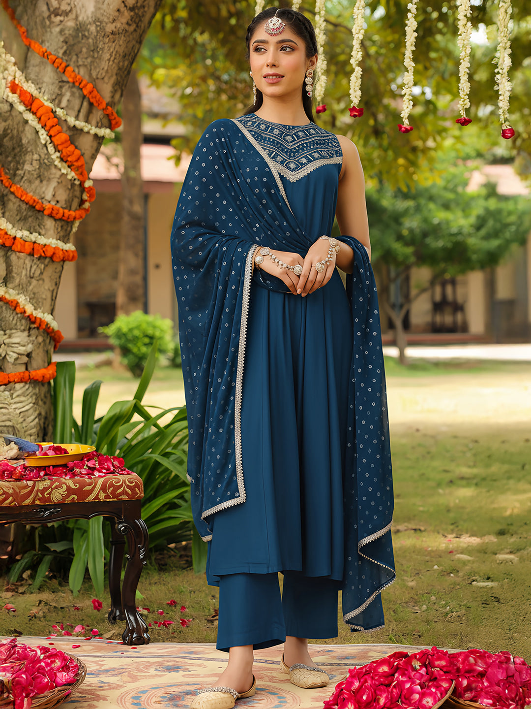 Janasya Women Teal Blue Chanderi Silk Embellished Anarkali Kurta Set With Dupatta
