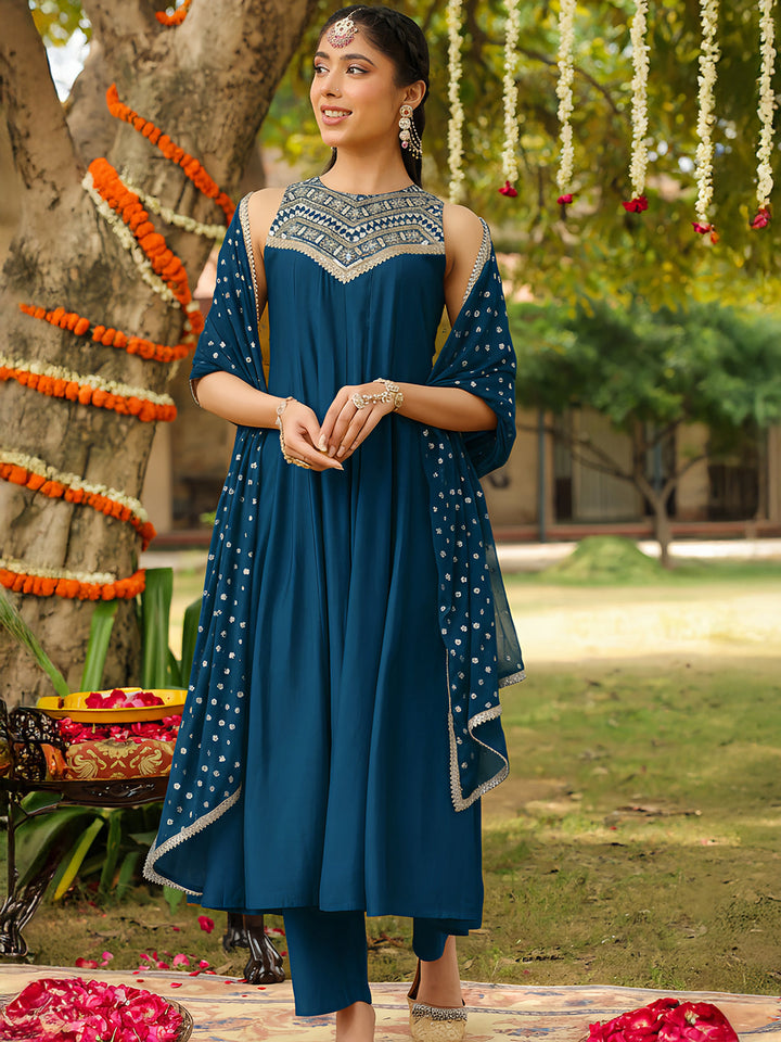 Janasya Women Teal Blue Chanderi Silk Embellished Anarkali Kurta Set With Dupatta