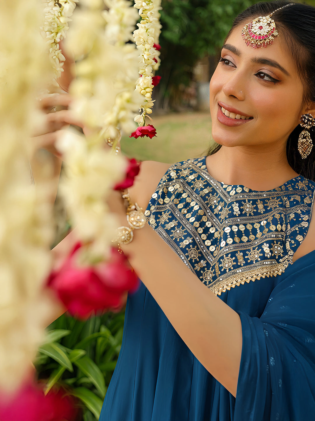 Janasya Women Teal Blue Chanderi Silk Embellished Anarkali Kurta Set With Dupatta