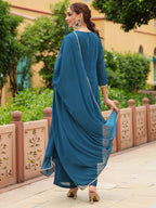 Janasya Women's Teal Georgette Zari Yoke Embroidered Anarkali Kurta Set With Dupatta