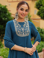 Janasya Women's Teal Georgette Zari Yoke Embroidered Anarkali Kurta Set With Dupatta